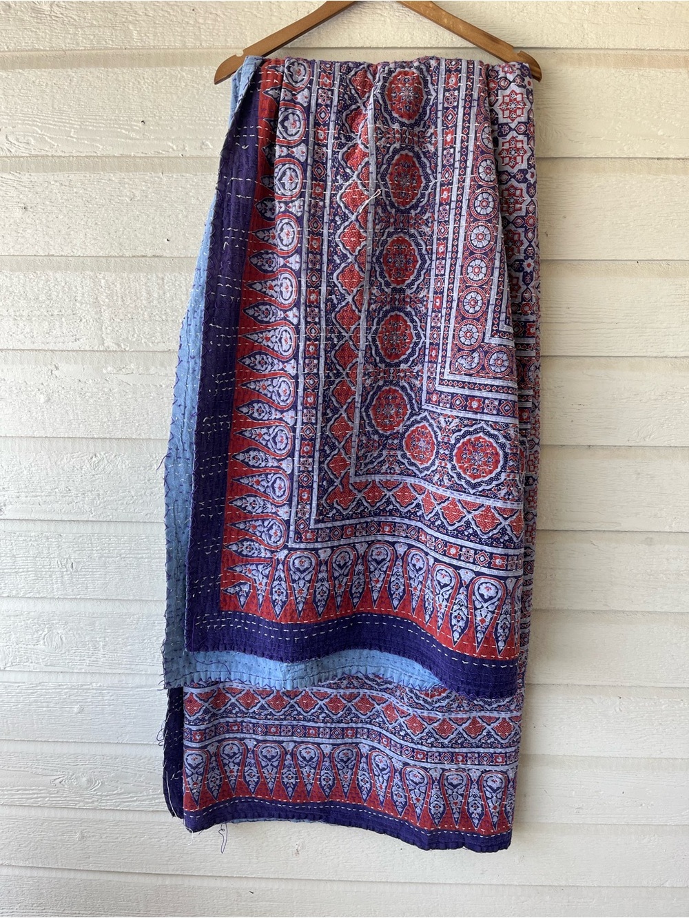 Vintage-Inspired Red & Blue Paisley Kantha Throw 100” x 87”